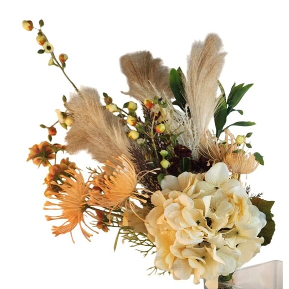 Hand Tied Artificial Flower Bouquet With faux hydrangeas pampas grass cream peac - Picture 3 of 16